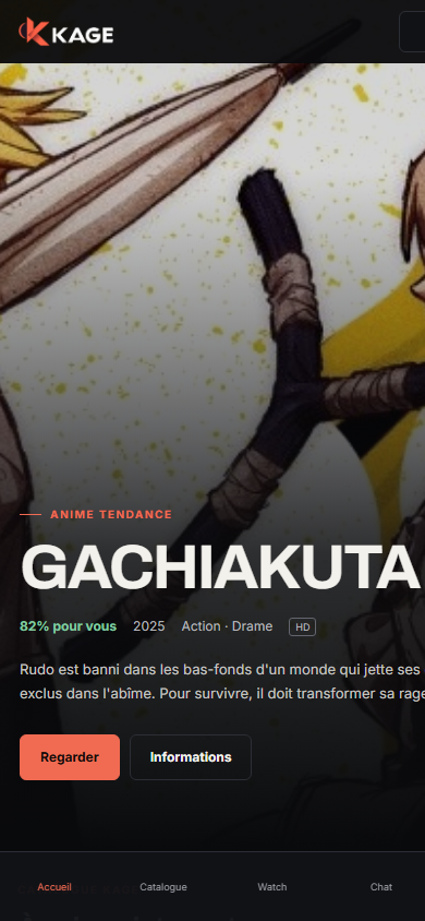 Écran d’accueil de l’application Kage Anime
